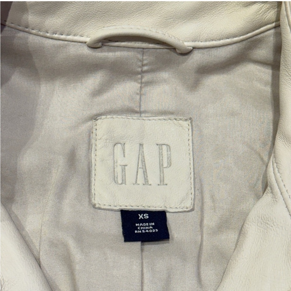 GAP Off White Leather Jacket Bomber Button Collar High Neck Military y2k vintage - Picture 6 of 6